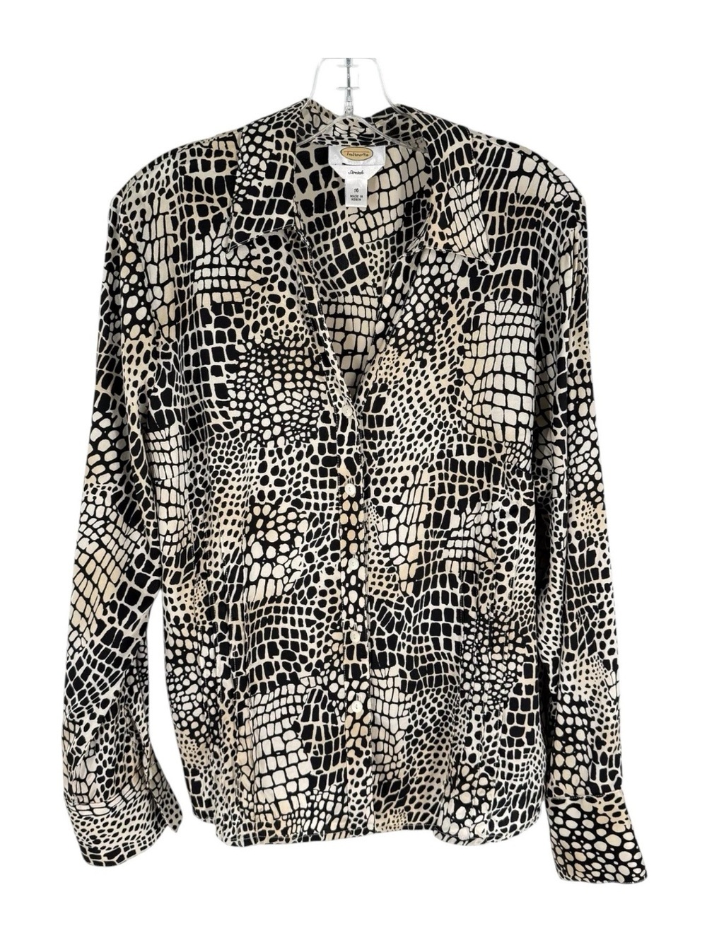 Vintage Talbots Silk Blouse Womens Size 16 Animal Print Pintuck Button Up Shirt